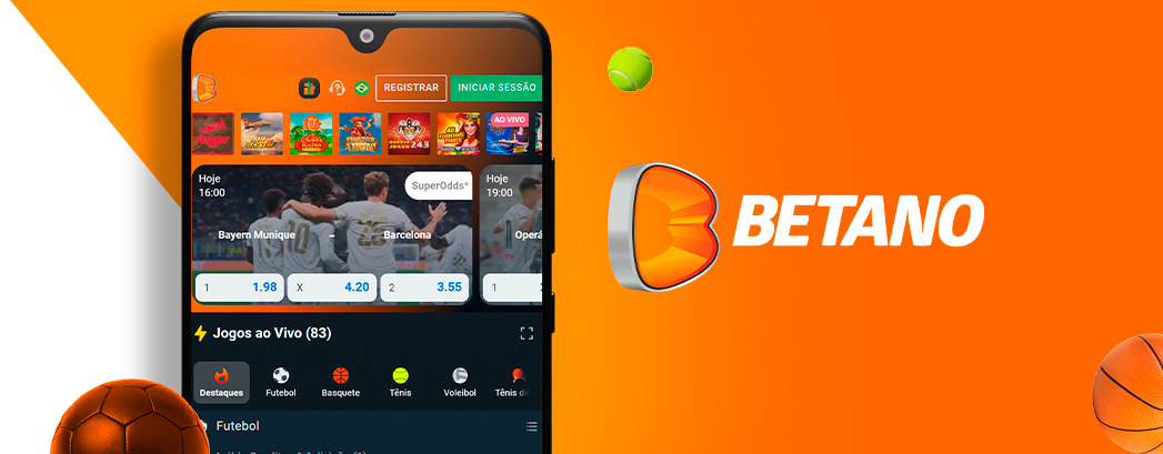 imagem com o betano app funcionando em um dispositivo móvel ao lado do logotipo da betano em um fundo nas cores laranja e branco.
