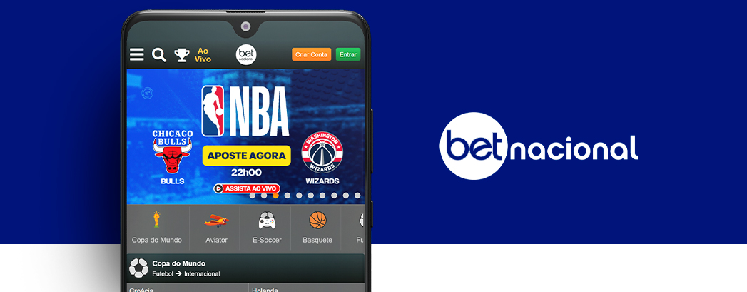imagem da homepage da betnacional sendo exibida em um dispositivo móvel ao lado do logotipo da casa de apostas em um fundo azul