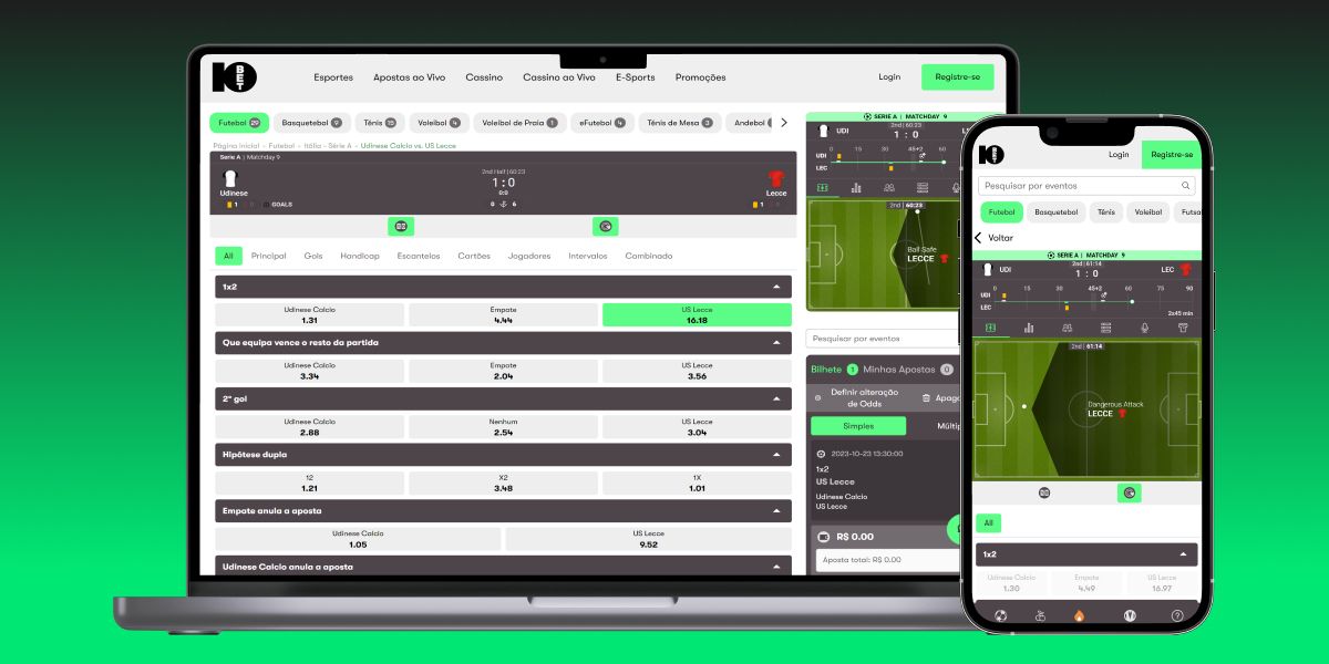 Imagem mostra notebook e smartphone abertos na página de futebol ao vivo da 10Bet