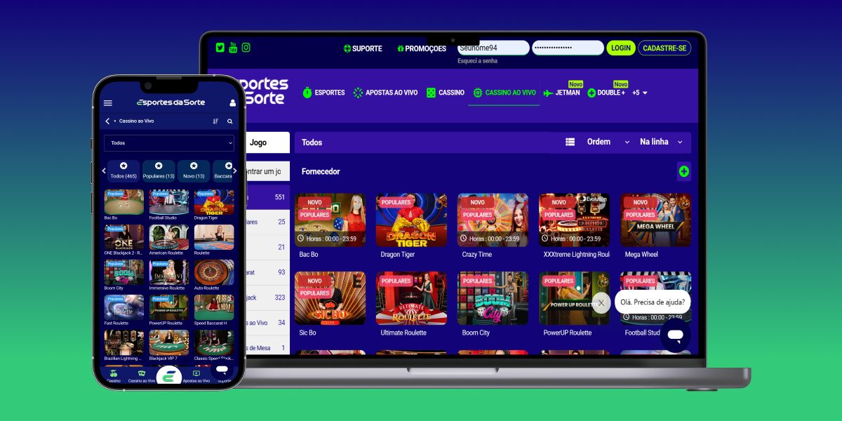 imagem mostra smartphone e notebook aberto na página de cassino ao vivo da Esportes da Sorte