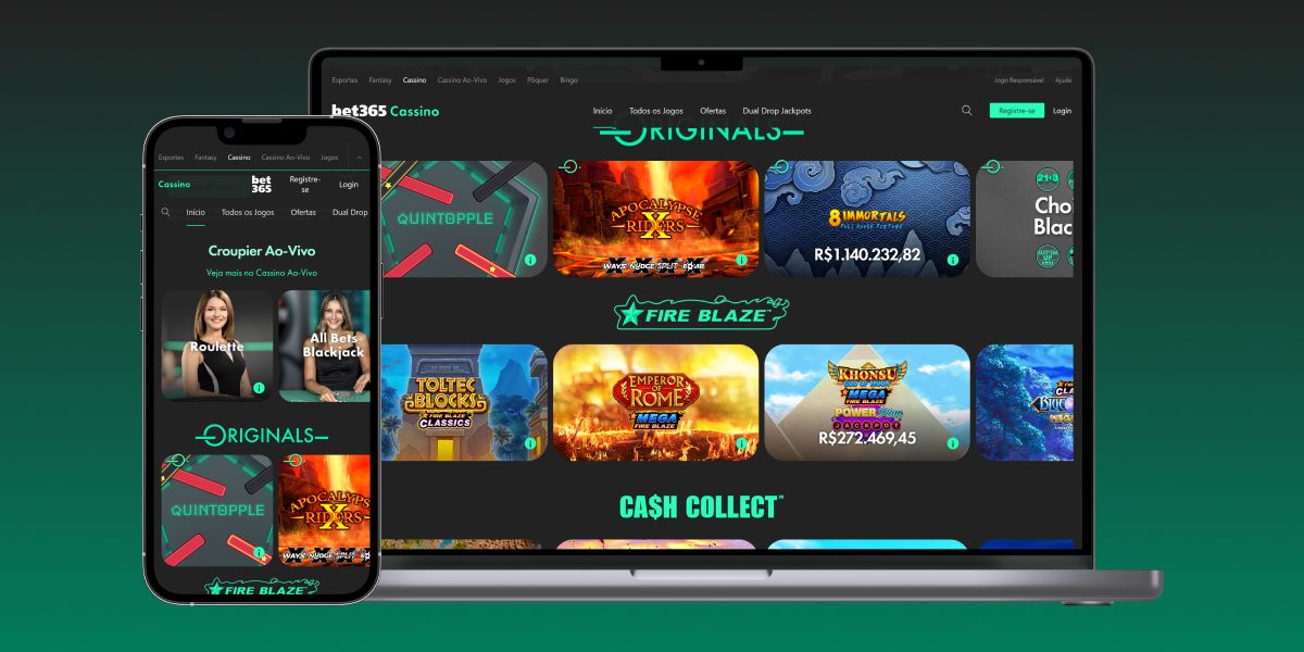 página inicial da bet365 casino mostrando as diversas opções de jogos disponíveis, croupier ao vivo, originals, fire blaze e cash collect