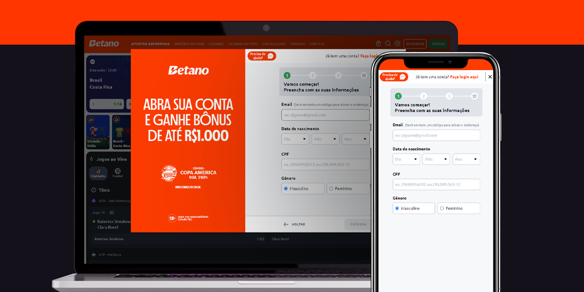 imagem da página da betano no desktop e smartphone da primeira área de preenchimento do cadastro com as informações necessárias para criar conta na plataforma