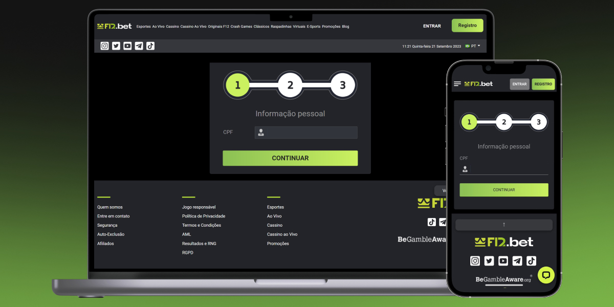 imagem mostra notebook e smartphone aberto na página de registro da F12.Bet