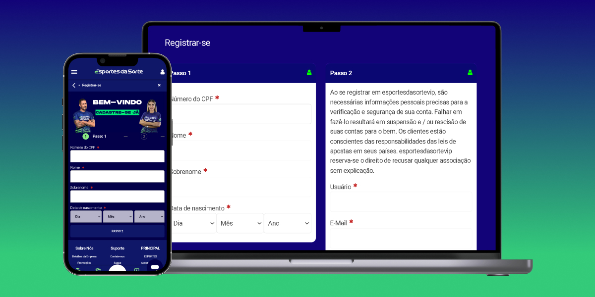 imagem mostra smartphone e notebook aberto na página de registro da Esportes da Sorte