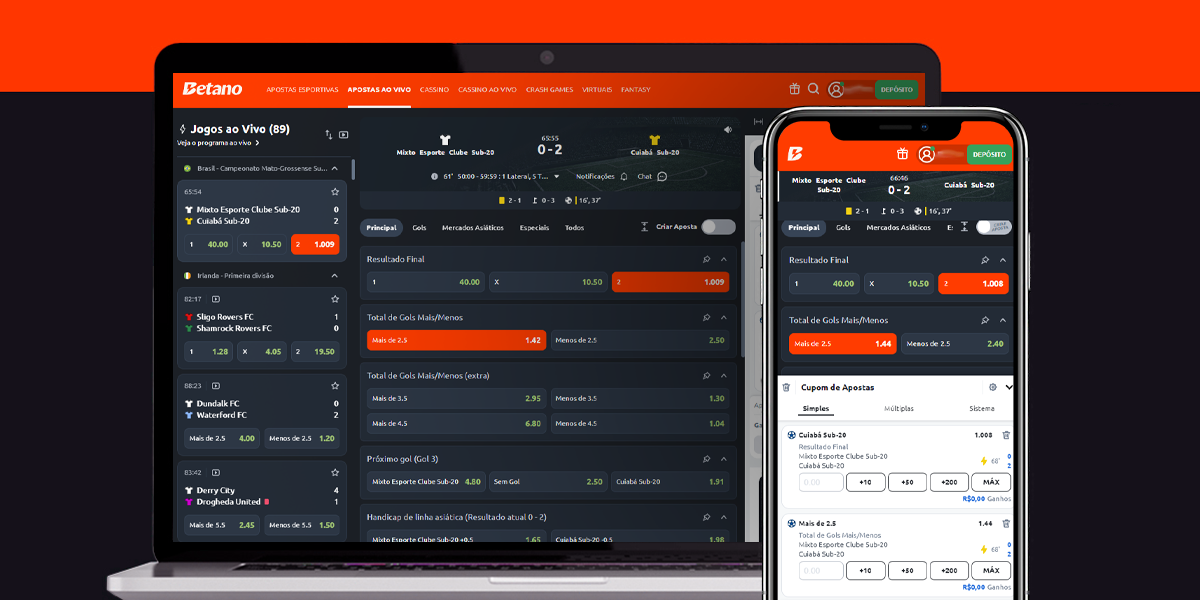Imagem mostra notebook e smartphone abertos na página de apostas da Betano