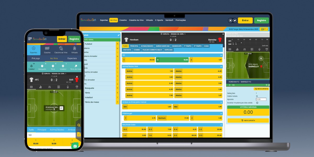 Imagem mostra notebook e smartphone abertos na página de eventos ao vivo de futebol da Sambabet