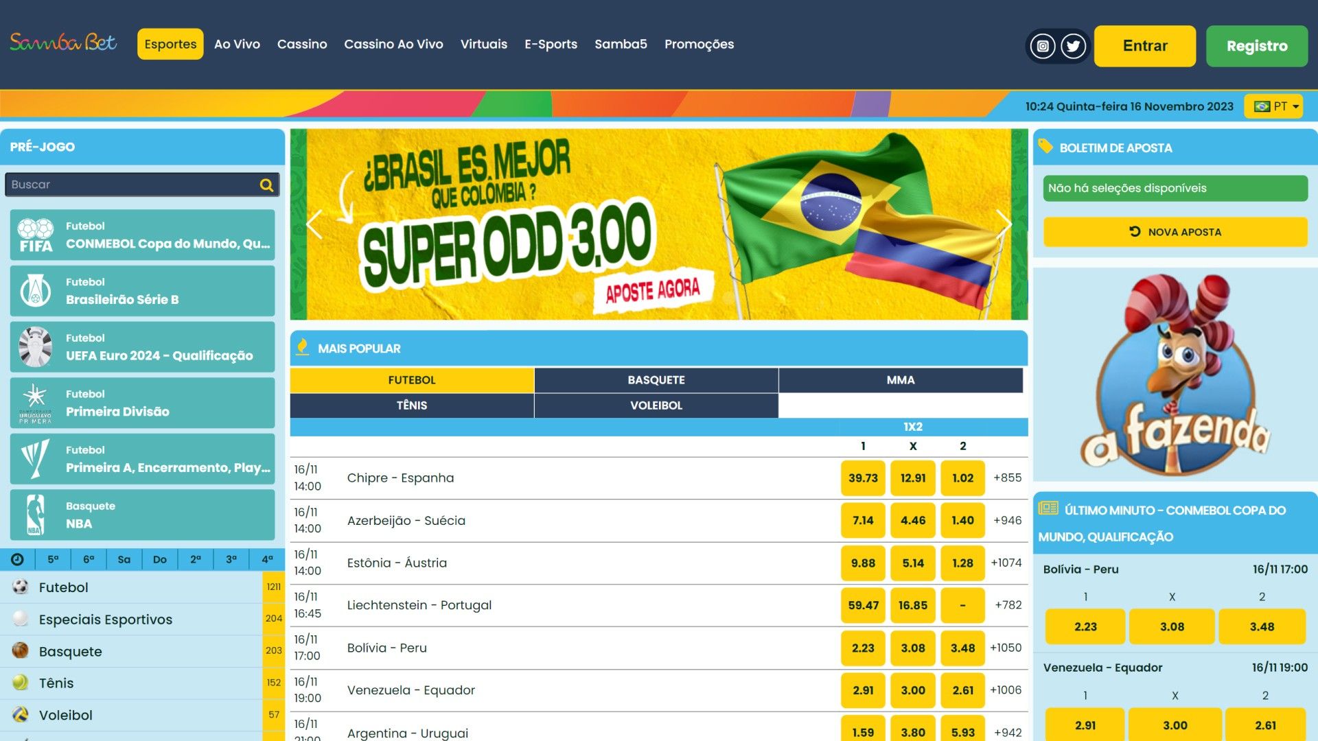 Screenshot mostra página de apostas desportivas da Sambabet