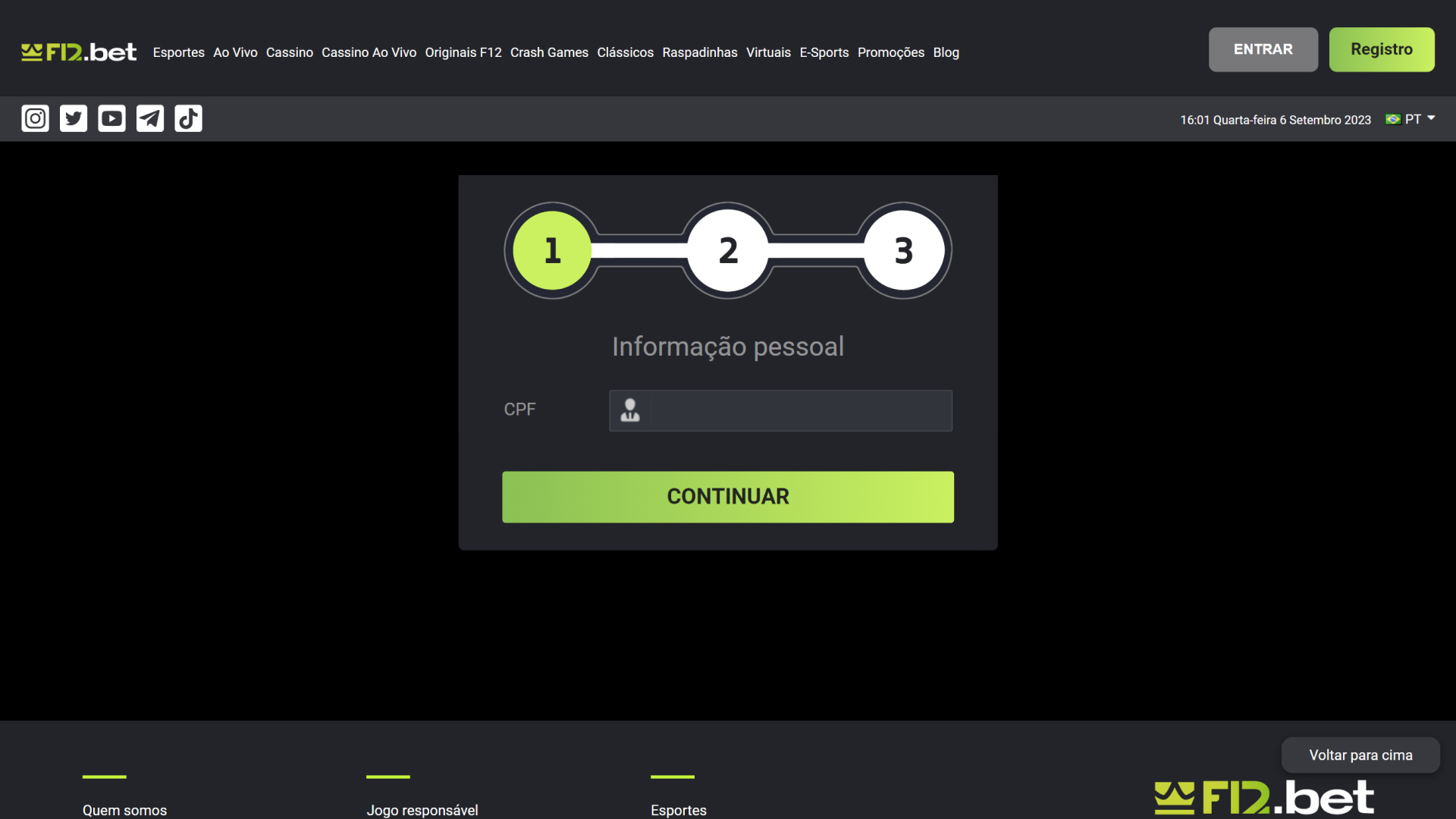 screenshot mostra página de cadastro da F12.Bet