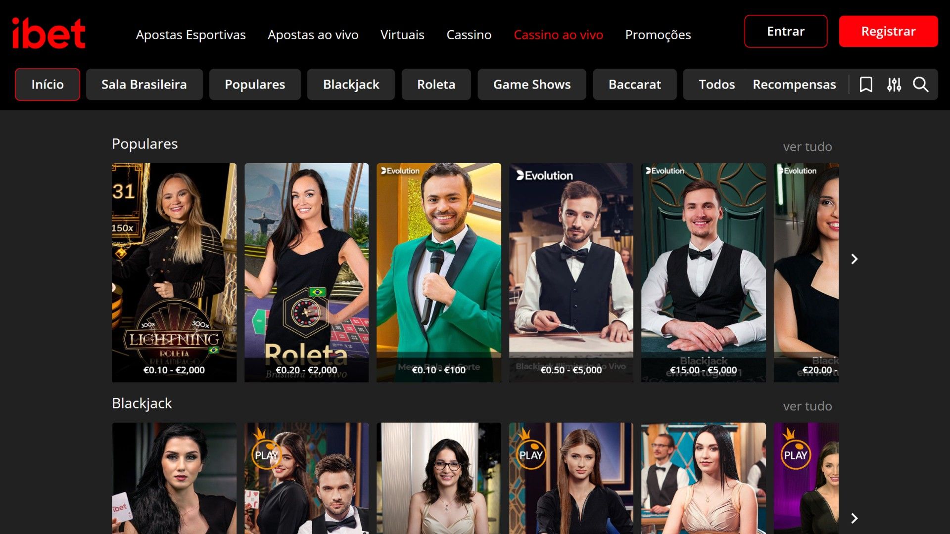 screenshot mostra página de cassino ao vivo da iBet