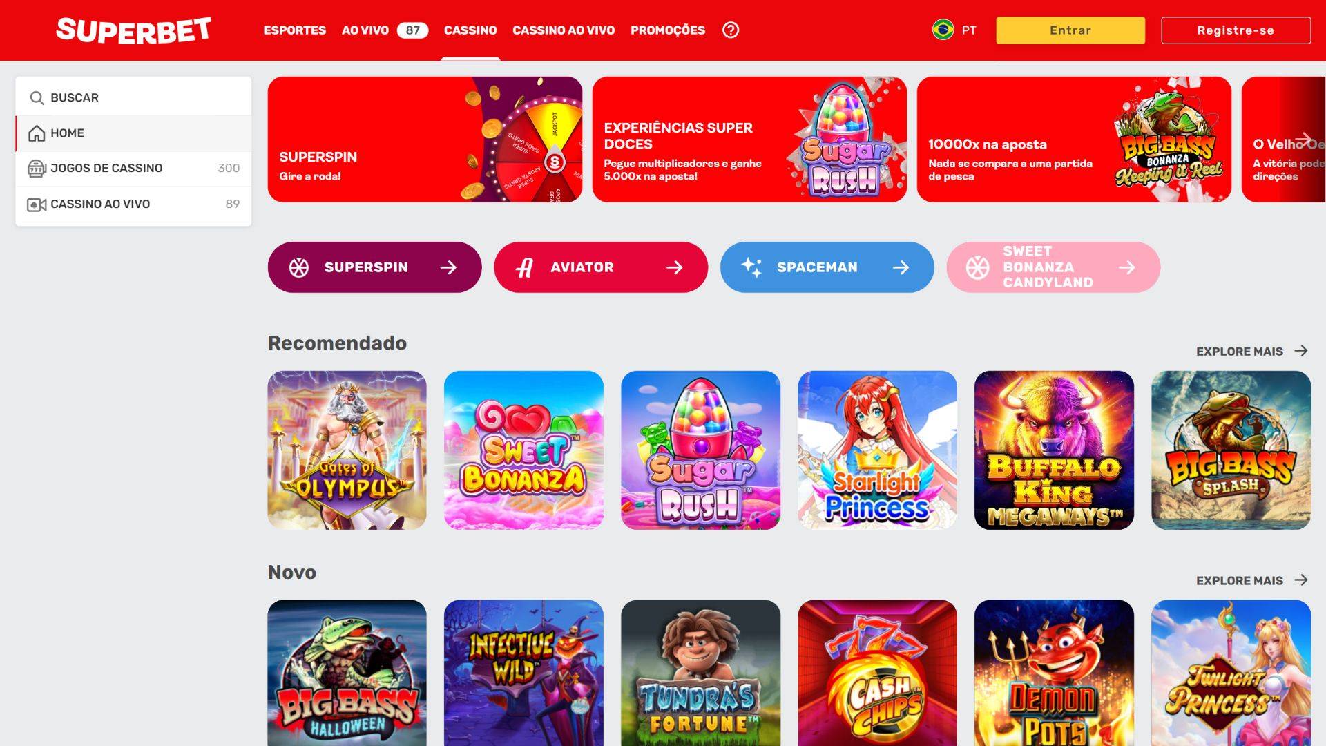 Screenshot mostra página de jogos da Superbet