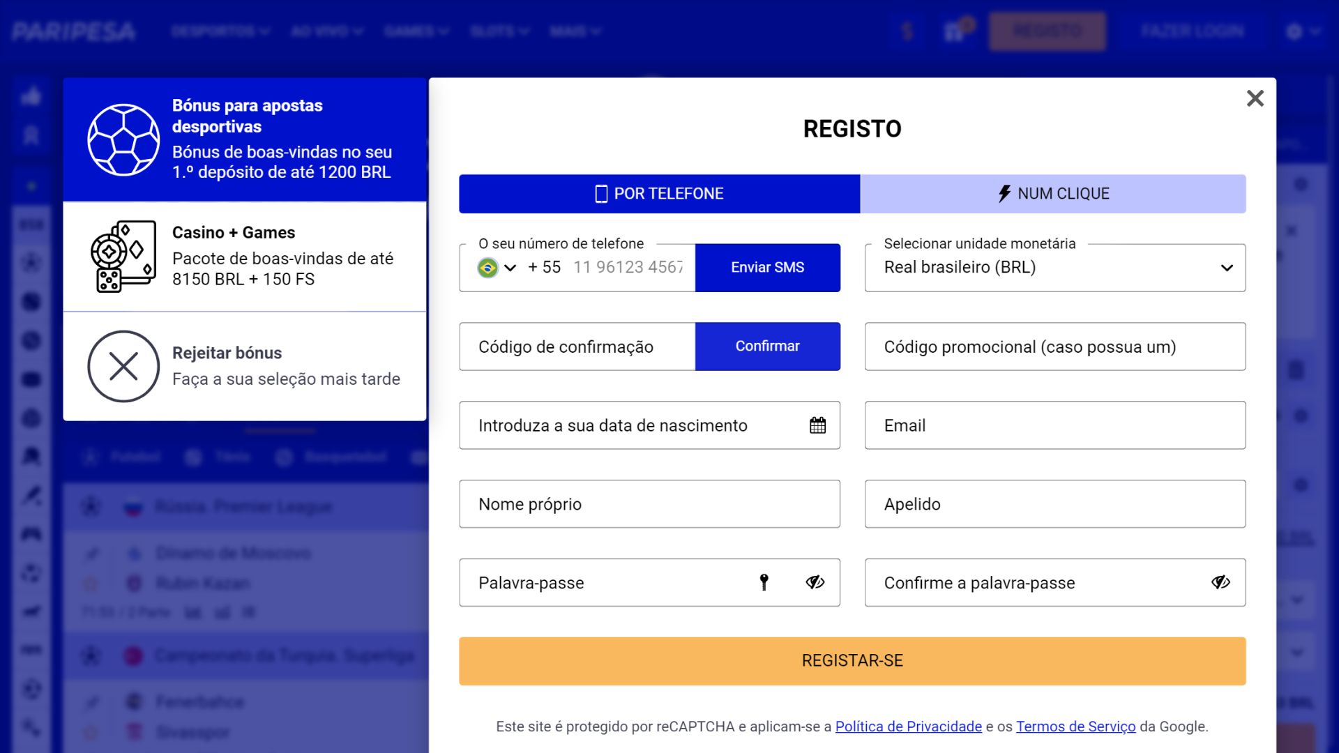 Screenshot registro paripesa