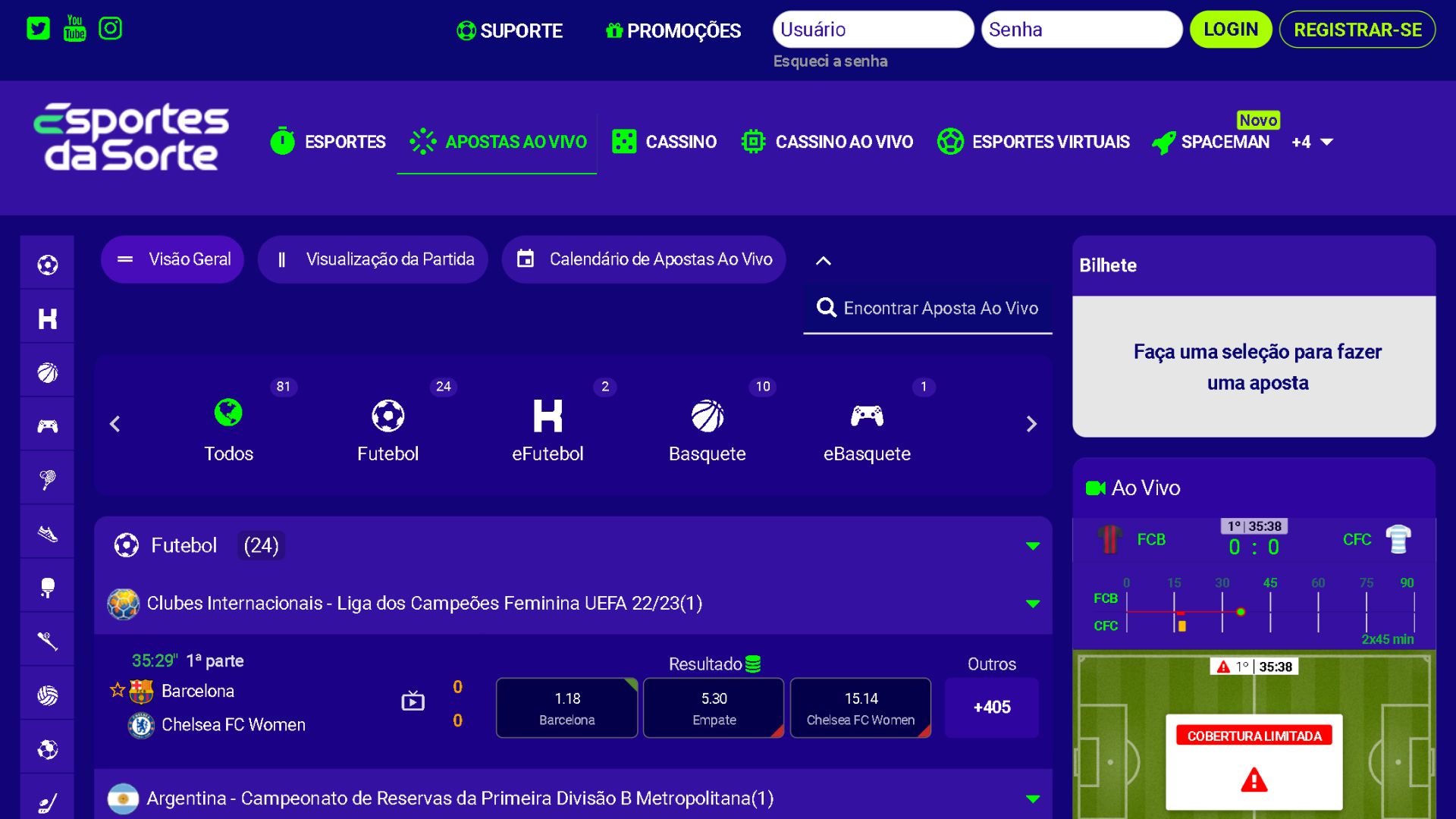 Screenshot mostra página de apostas ao vivo da Esportes da Sorte
