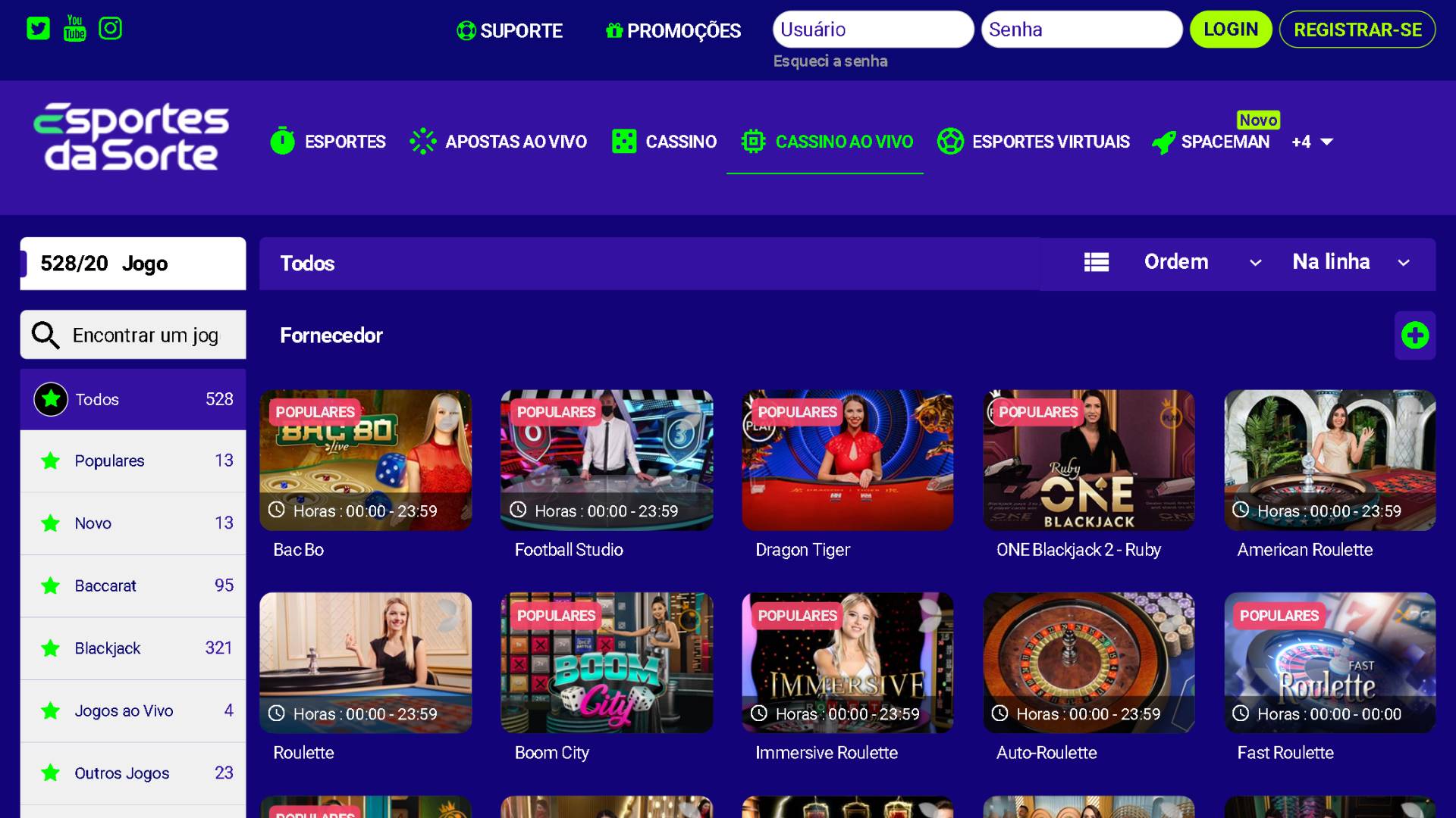 screenshot mostra página de jogos de cassino ao vivo da Esportes da Sorte