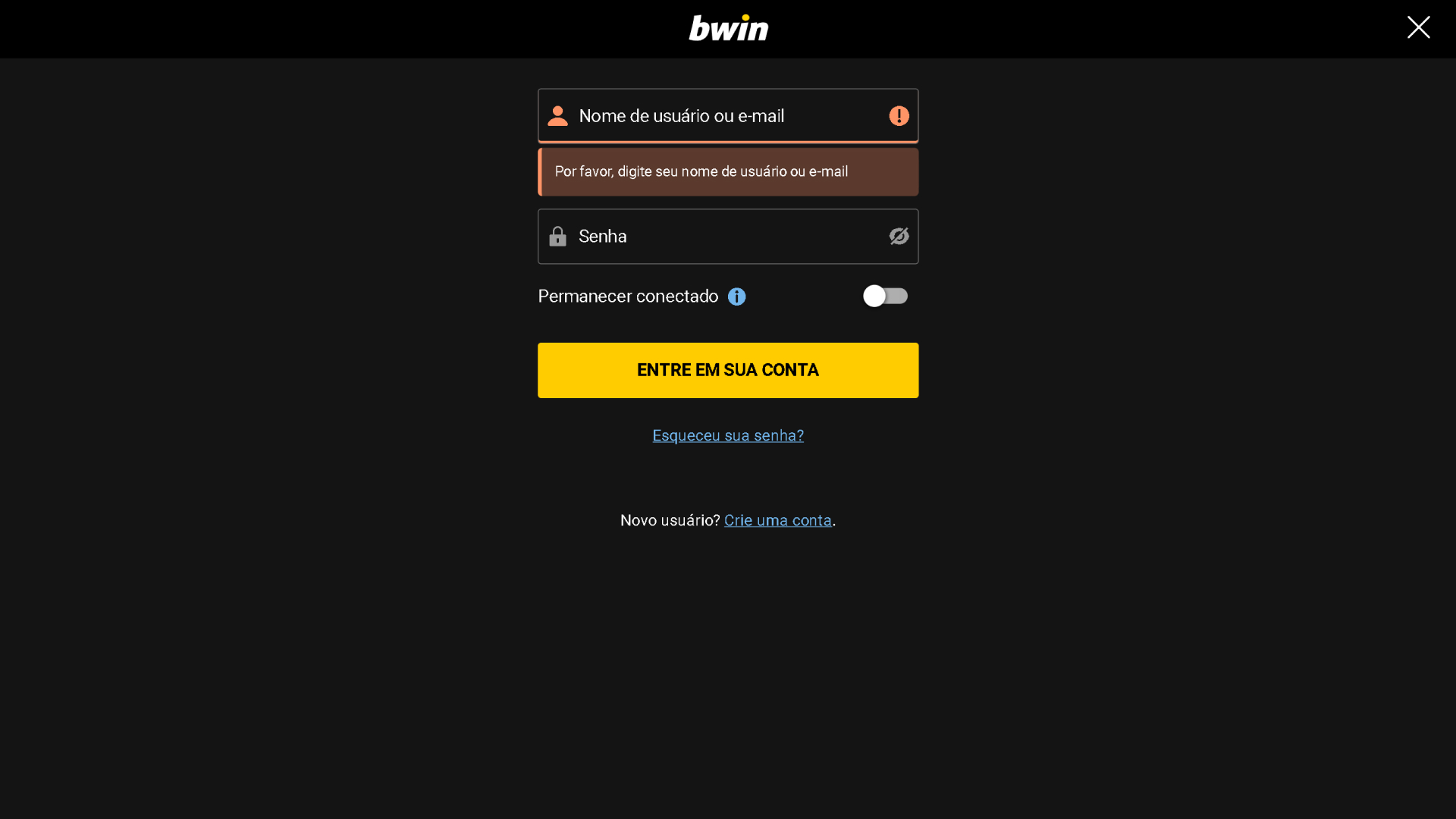 screenshot mostra página de login da Bwin