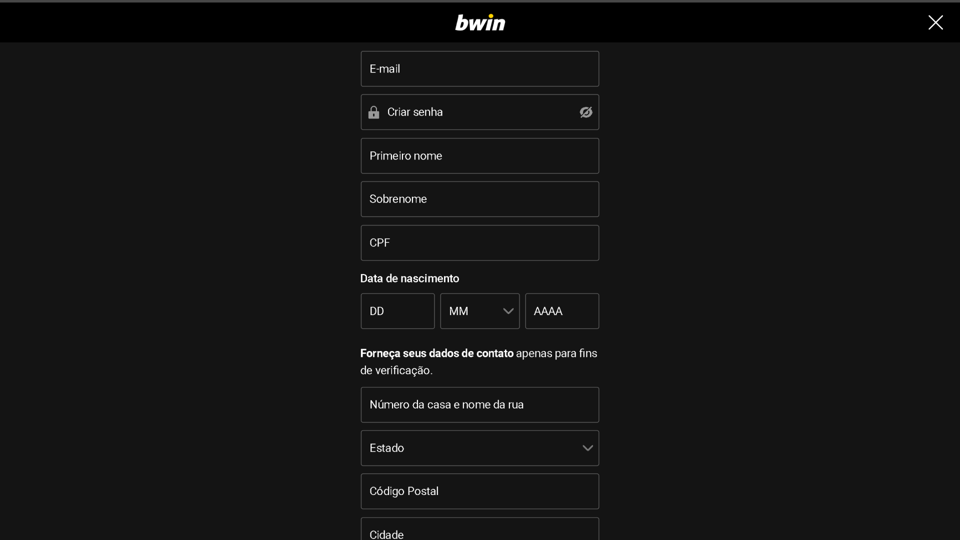 screenshot mostra página de registro da Bwin
