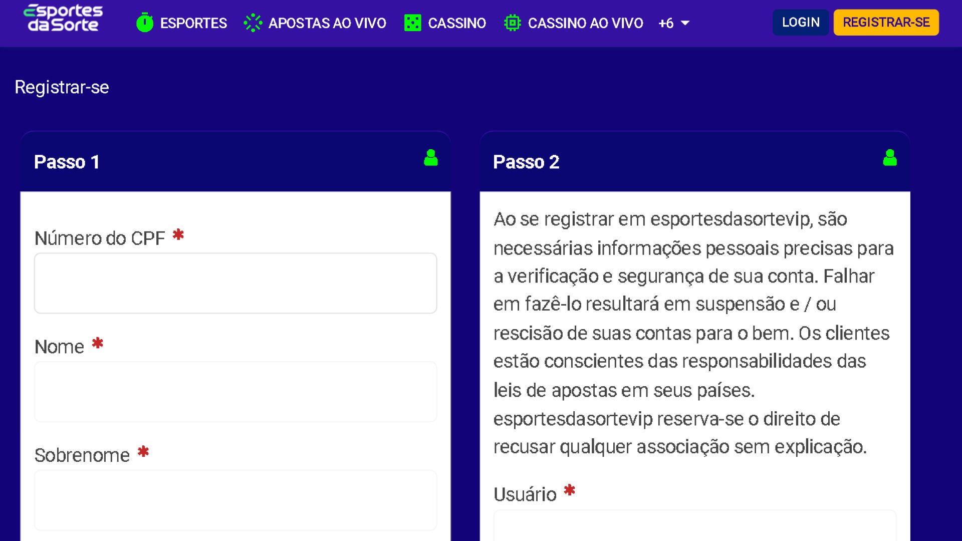 Screenshot mostra página de registro da Esportes da Sorte