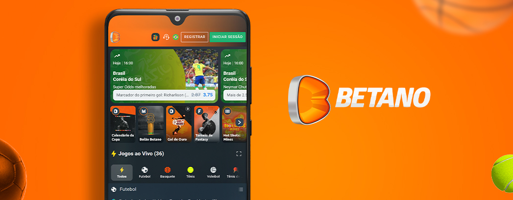 Imagem de smartphone exibindo a homepage do Betano App com aba de jogos ao vivo de futebol, basquete, tênis, voleibol e tênis de mesa, ao lado do logo da Betano, sobre um fundo laranja.