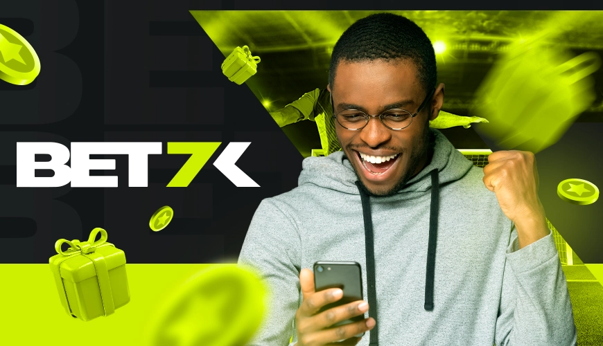 Imagem mostra homem comemorando ao utilizar um smartphone ao lado da logomarca da Bet7k