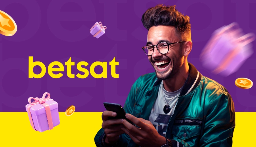 Imagem mostra mulher sorrindo ao utilizar um smartphone ao lado da logomarca da Betsat