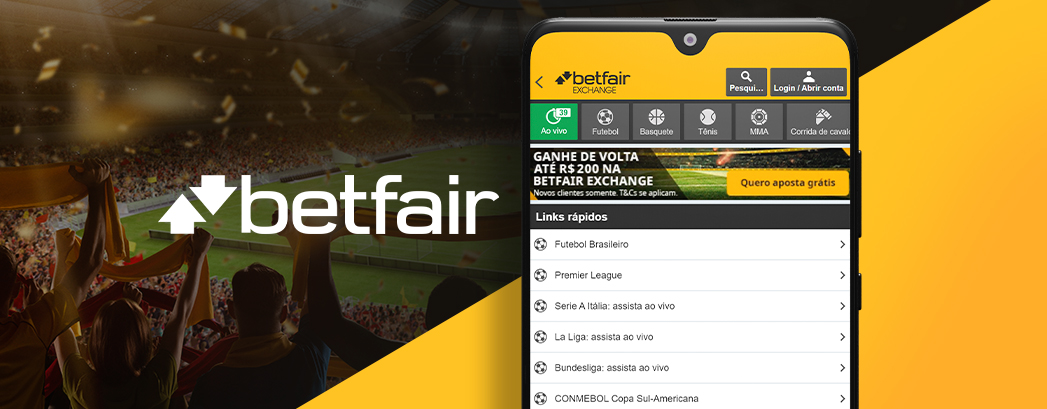 betfair app em um smartphone mostrando as principais opções de apostas de futebol ao lado do logotipo da betano em um fundo de pessoas comemorando em um estádio de futebol