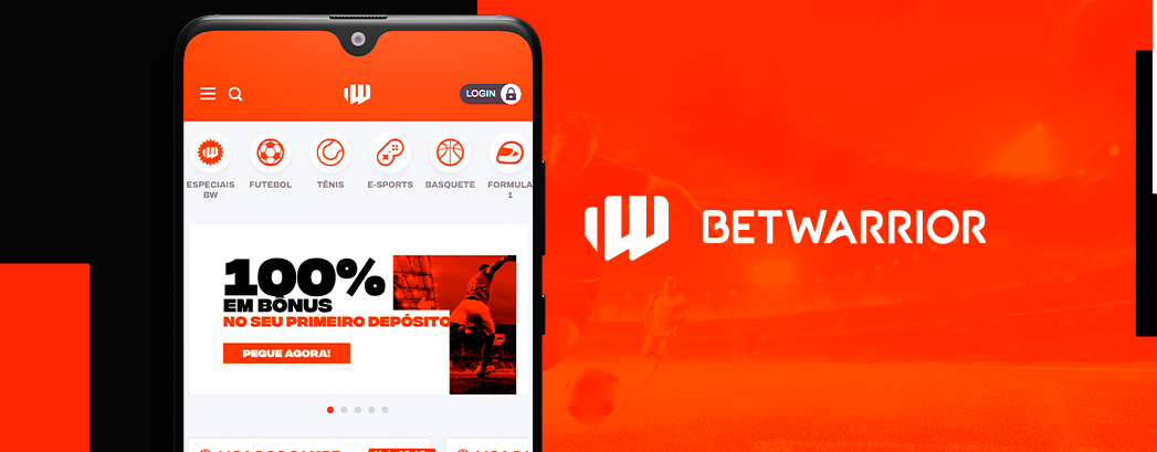 imagem mostrando o betwarrior app em um fundionamento do dispositivo móvel ao lado do logotipo da betwarrior em um fundo laranja