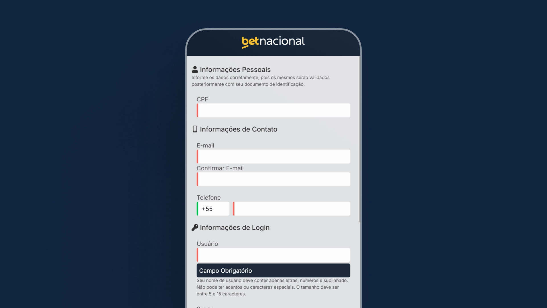 imagem cadastro app Betnacional