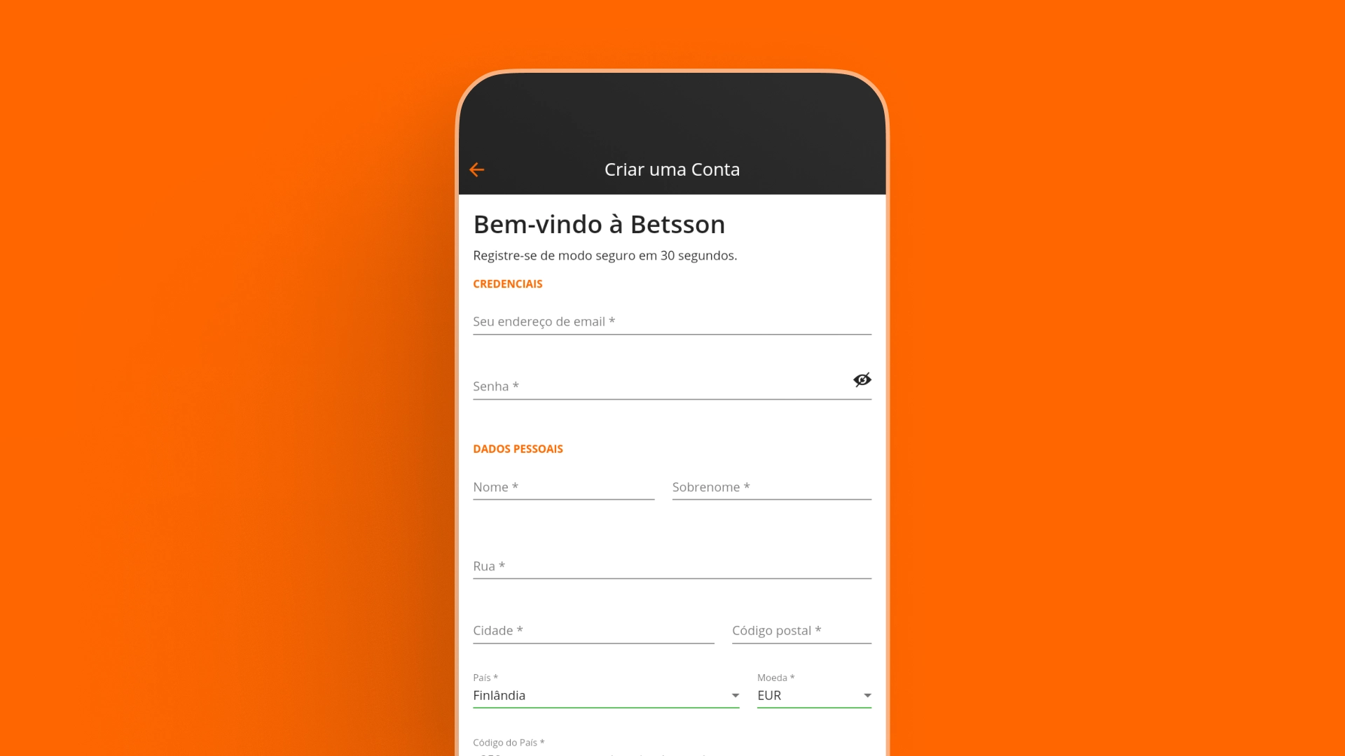imagem cadastro app Betsson