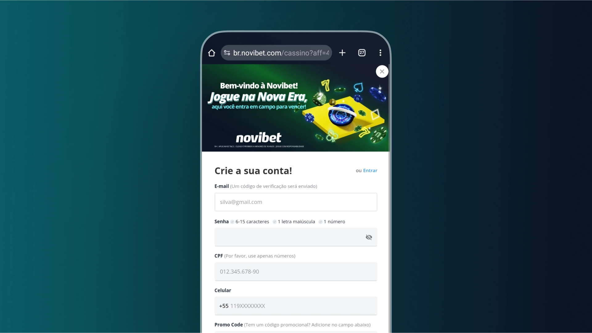 imagem cadastro app Novibet
