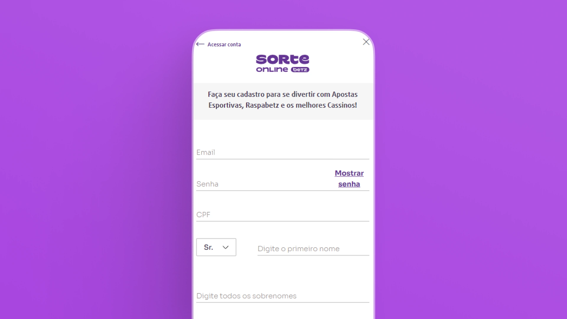 imagem cadastro app sorte online