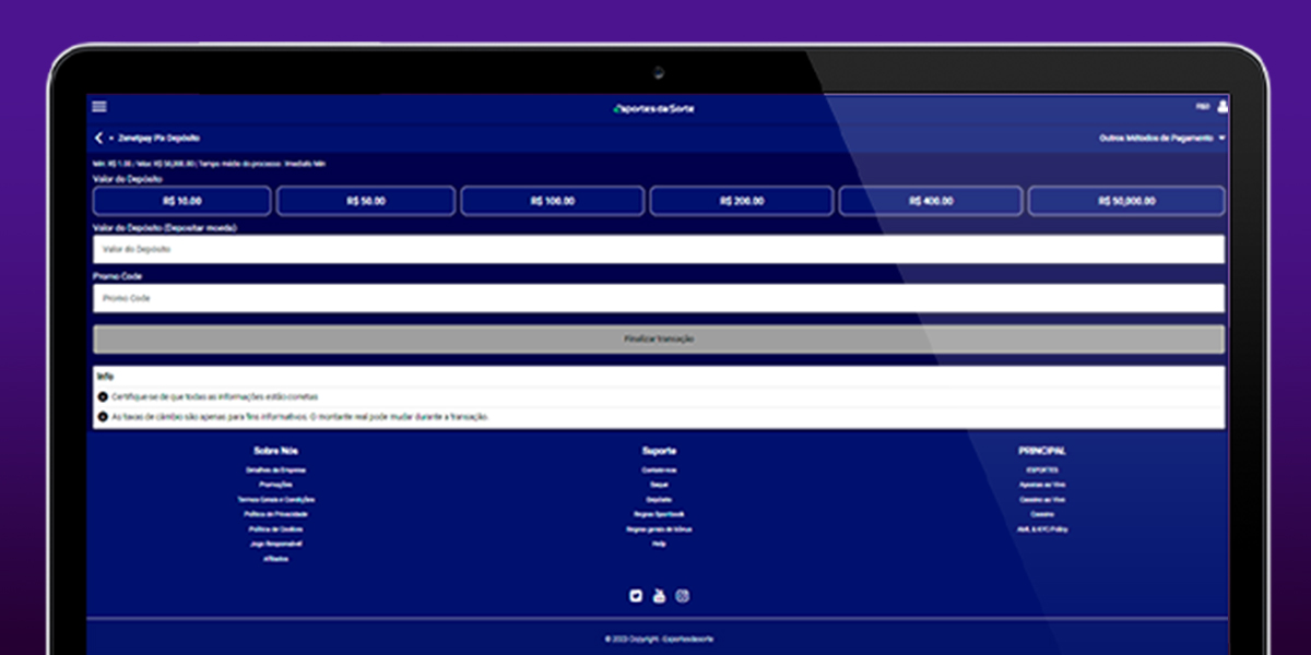 Imagem mostra página de depósito da Esportes da Sorte