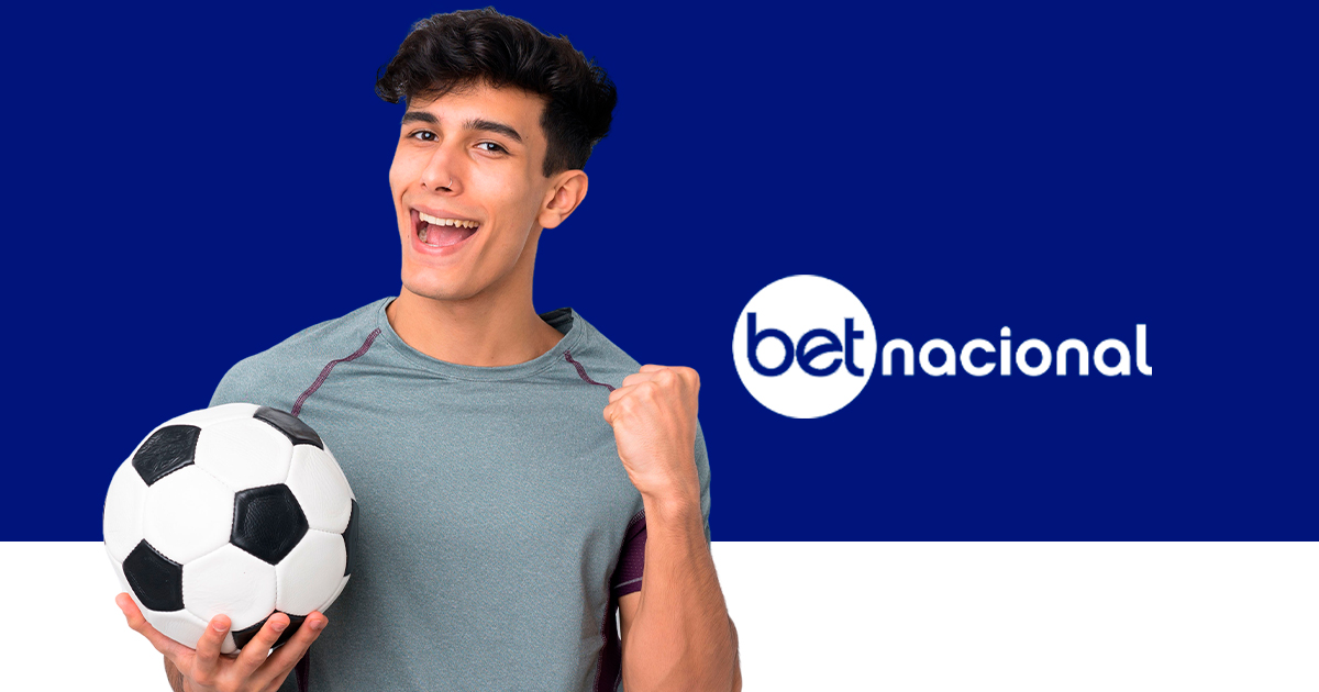 imagem ilustrando um homem segurando uma bola de futebol e comemorando ao lado do logotipo da betnacional em um fundo azul