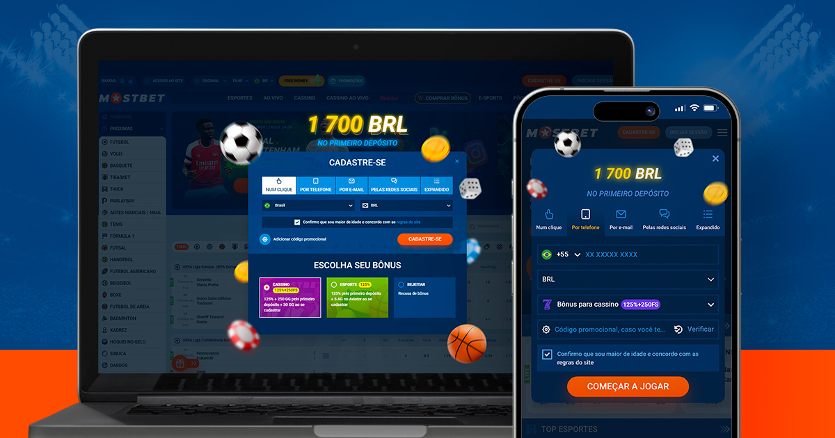 imagem mostra notebook e smartphone abertos na tela de registro da Mostbet