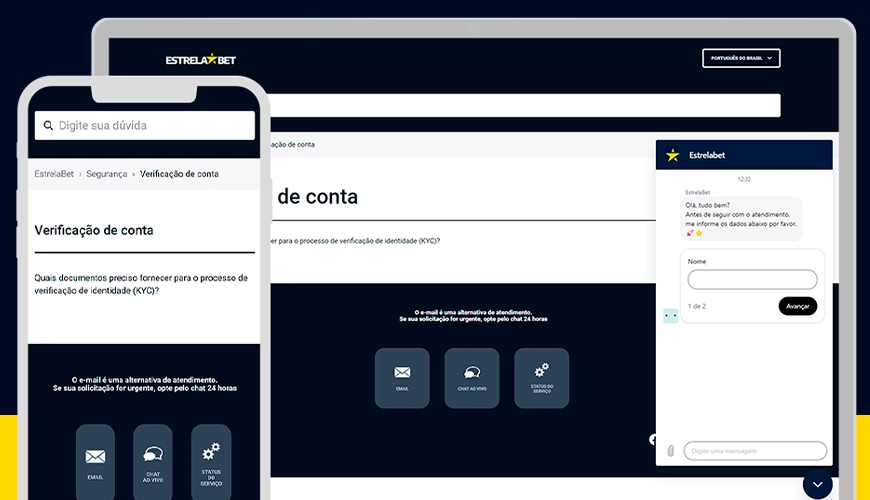Imagem mostra notebook e smartphone abertos na página de verificação de conta da Estrela Bet