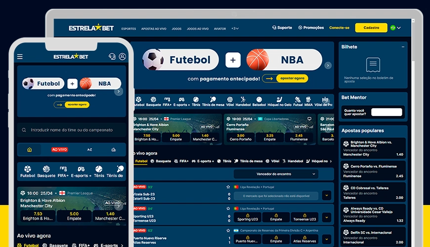 Imagem mostra notebook e smartphone abertos na página de apostas da Estrela Bet