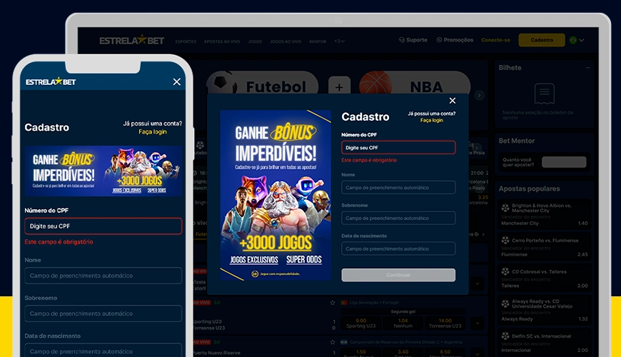 Imagem mostra notebook e smartphone abertos na página de cadastro da Estrela Bet