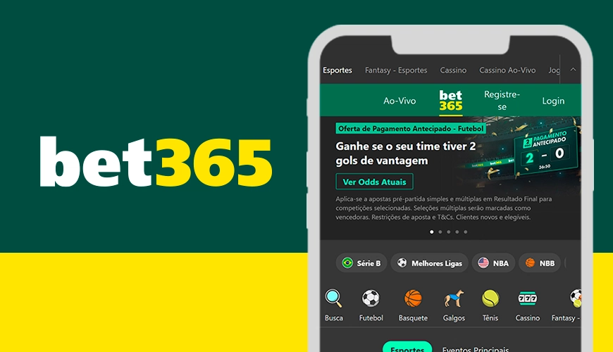 Imagem mostra logomarca da Bet365 ao lado de um smartphone aberto na página de apostas da casa