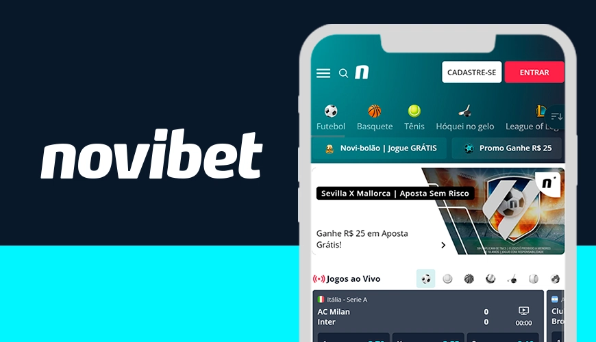 Imagem mostra logomarca da Novibet ao lado de um smartphone aberto na página de apostas da casa