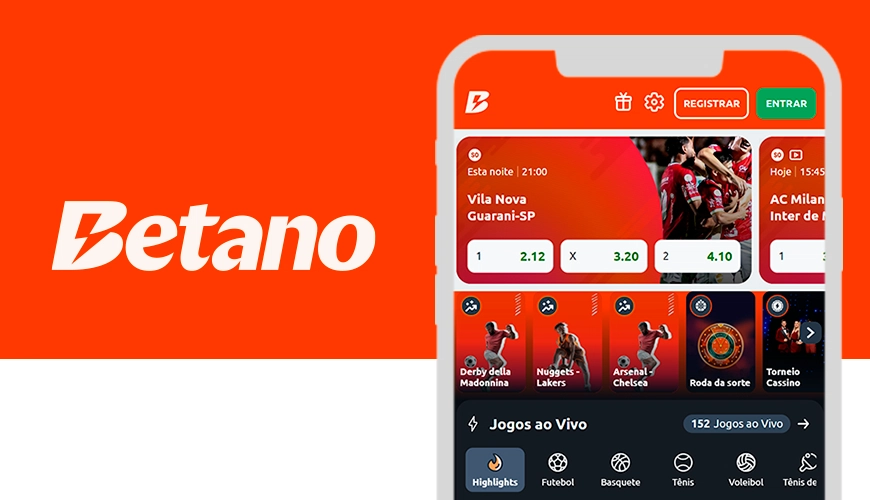 Imagem mostra logomarca da Betano ao lado de um smartphone aberto na página de apostas da casa