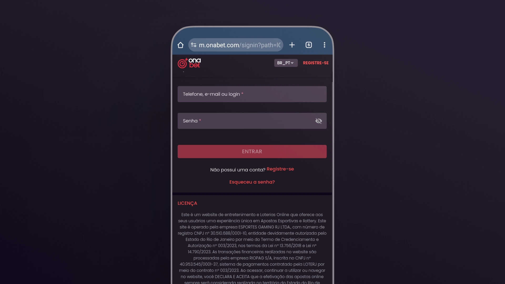 imagem login app onabet