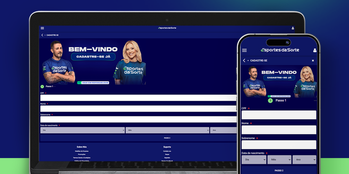 Imagem mostra smartphone e notebook abertos na página de cadastro da Esportes da Sorte