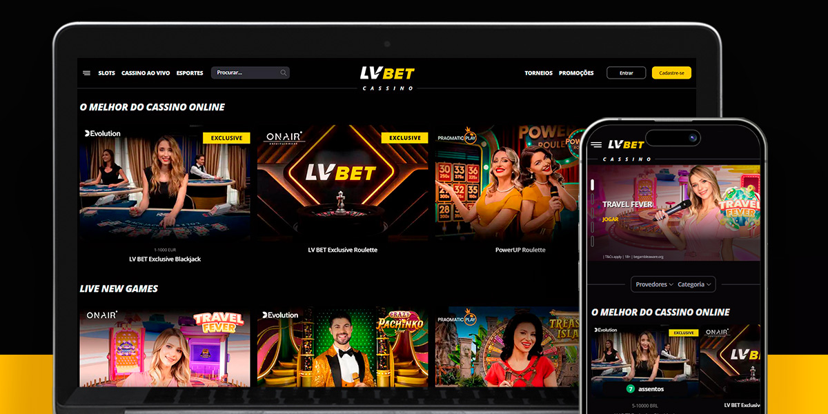 Imagem mostra notebook e smartphone abertos na página de cassino ao vivo da LVBet