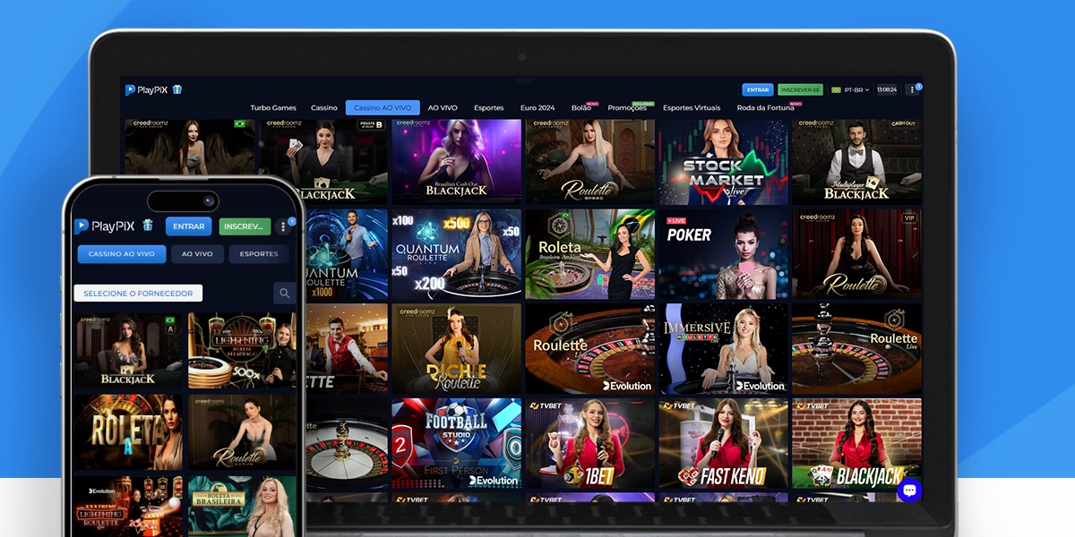 Imagem mostra notebook e smartphone abertos na página de cassino ao vivo da PlayPix