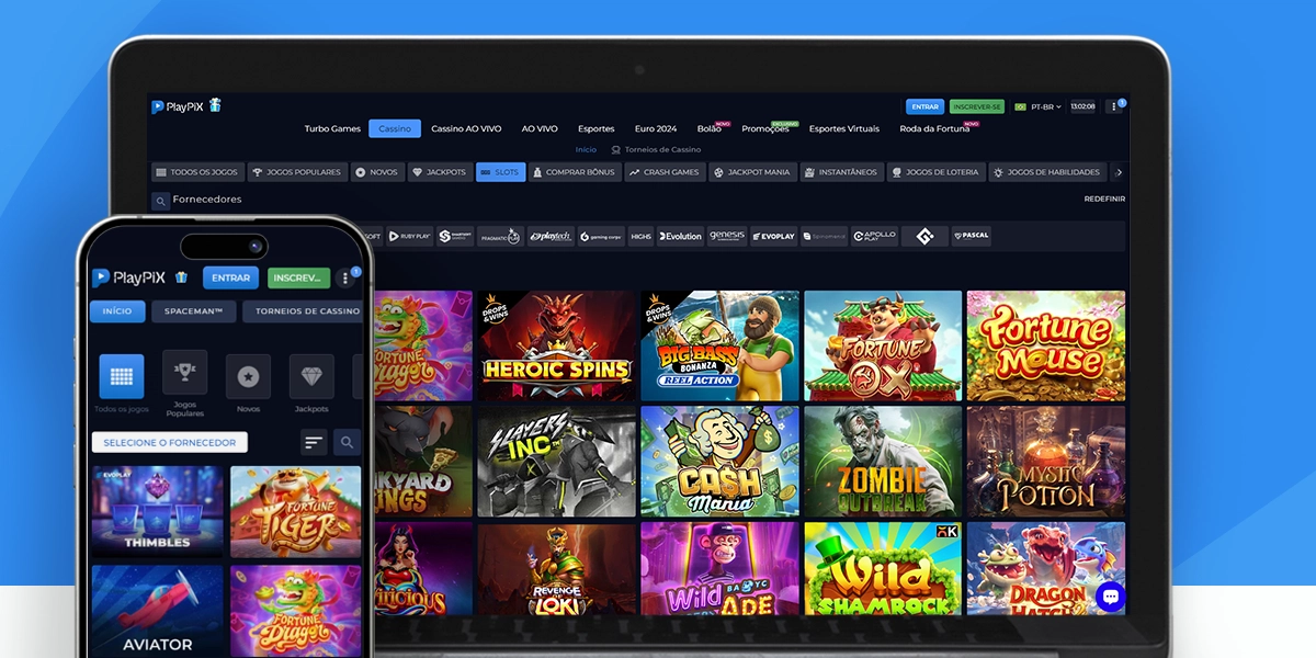Imagem mostra notebook e smartphone abertos na página de cassino da PlayPix