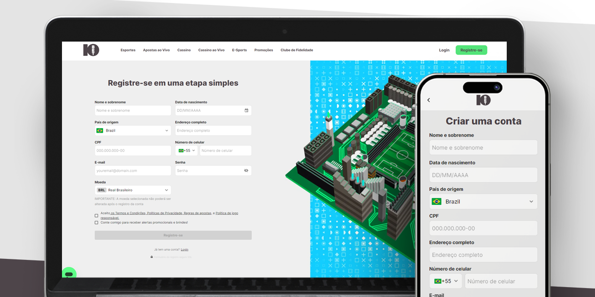 Imagem mostra smartphone e notebook abertos na página de registro da 10Bet