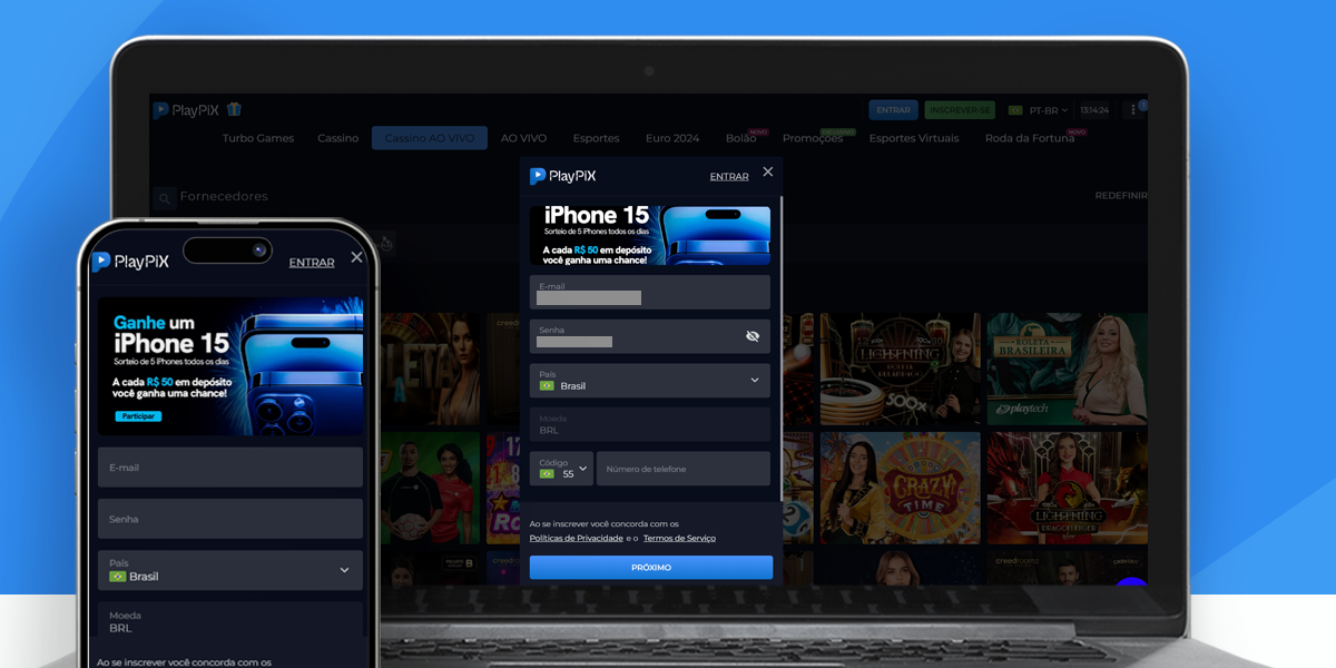 Imagem mostra notebook e smartphone abertos na página de registro da PlayPix