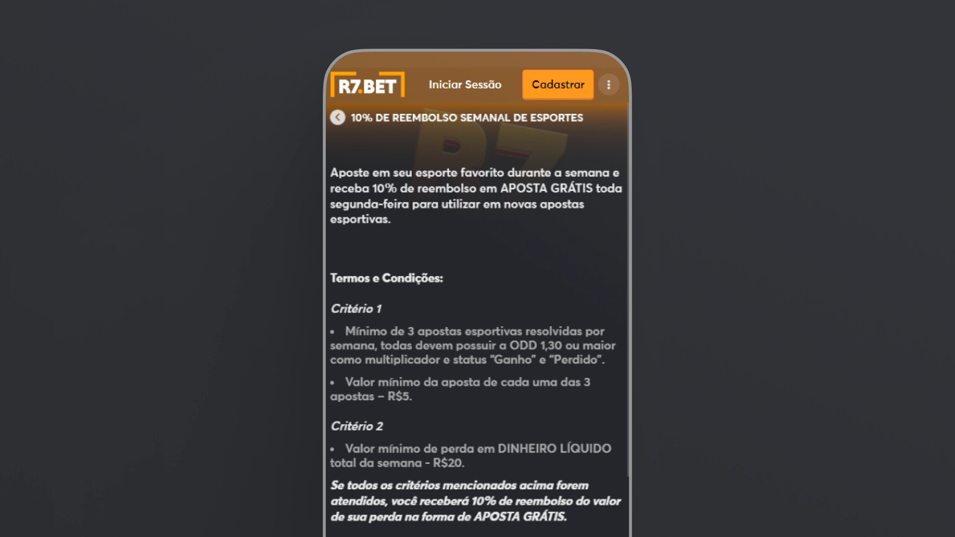 imagem recurso cashback semanal esportes mobile r7bet