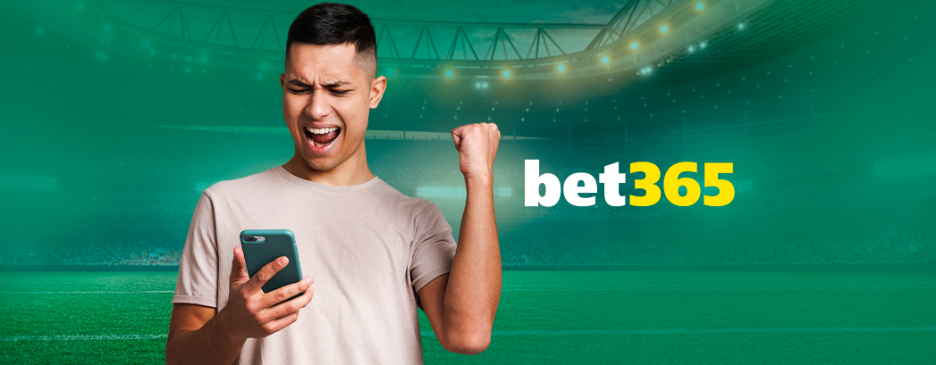 imagem de apostas feliz com o bonus bet365 ao lado do logotipo da plataforma em um fundo verde