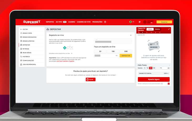 Imagem mostra notebook aberto na página de depósito de apostas da Suberbet