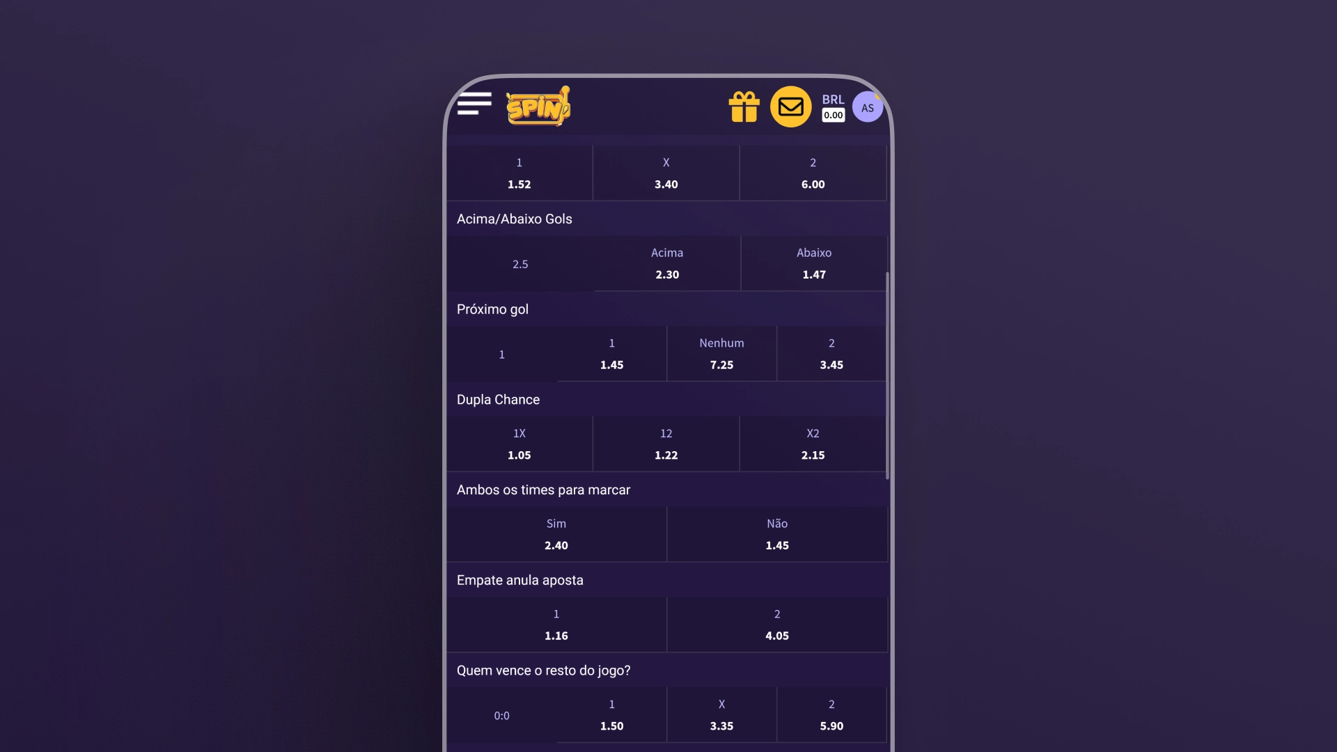 screenshot Analise as odds Spin