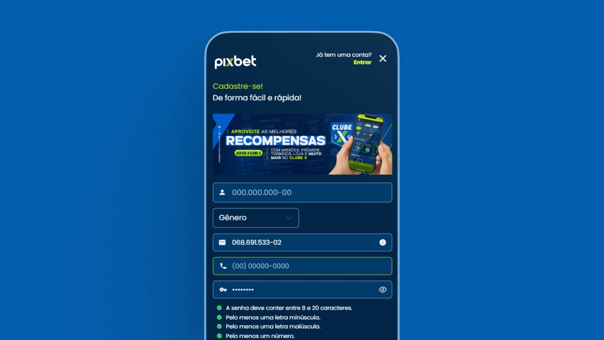 Screenshot cadastro Pixbet